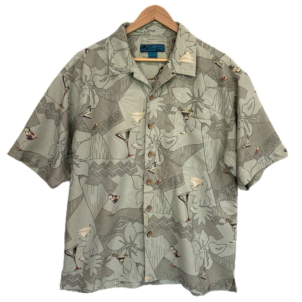 Paradise Blue Mens 100% Silk Martini Hawaiian Print Shirt Large Short Sleeve